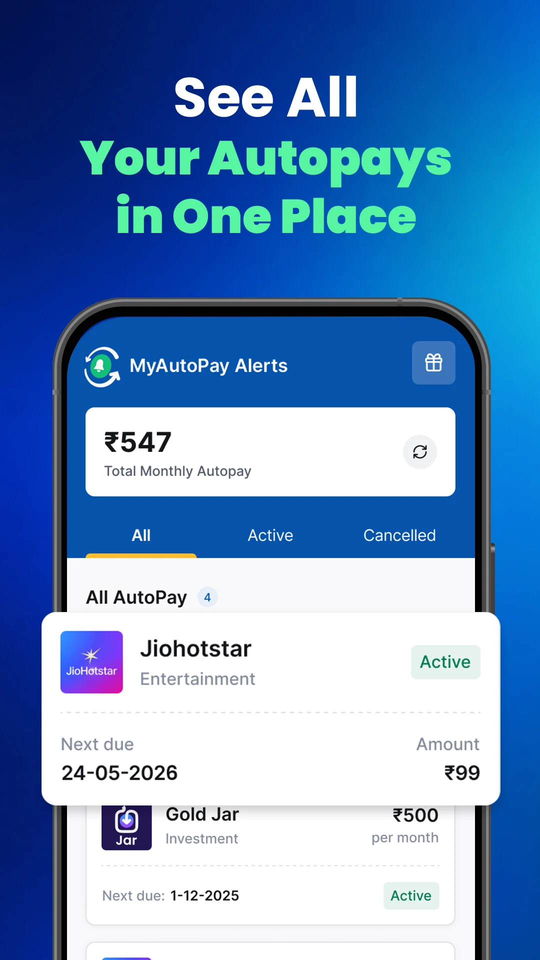 MyAutoPay Alerts app showing every UPI autopay in one clean view